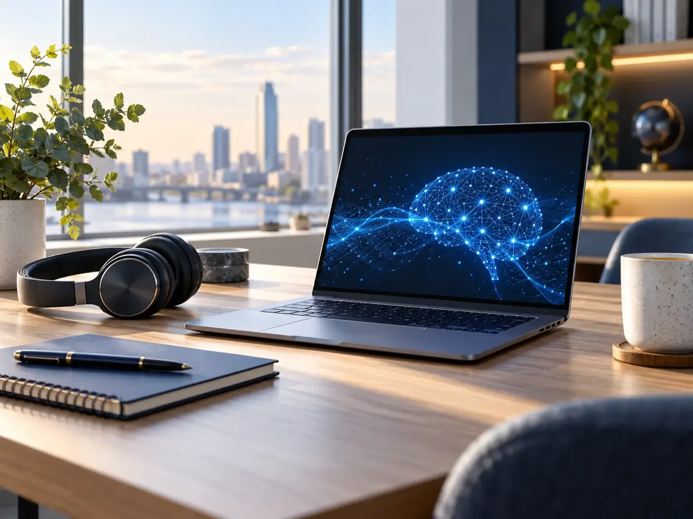 Communication workspace with a headset and laptop