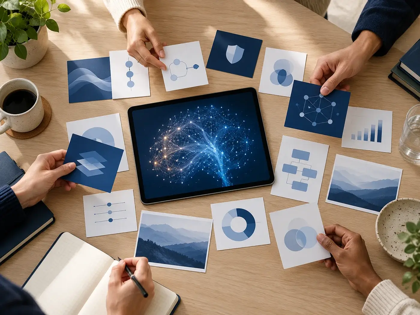 Collaborative planning with workflow cards and an AI visualization