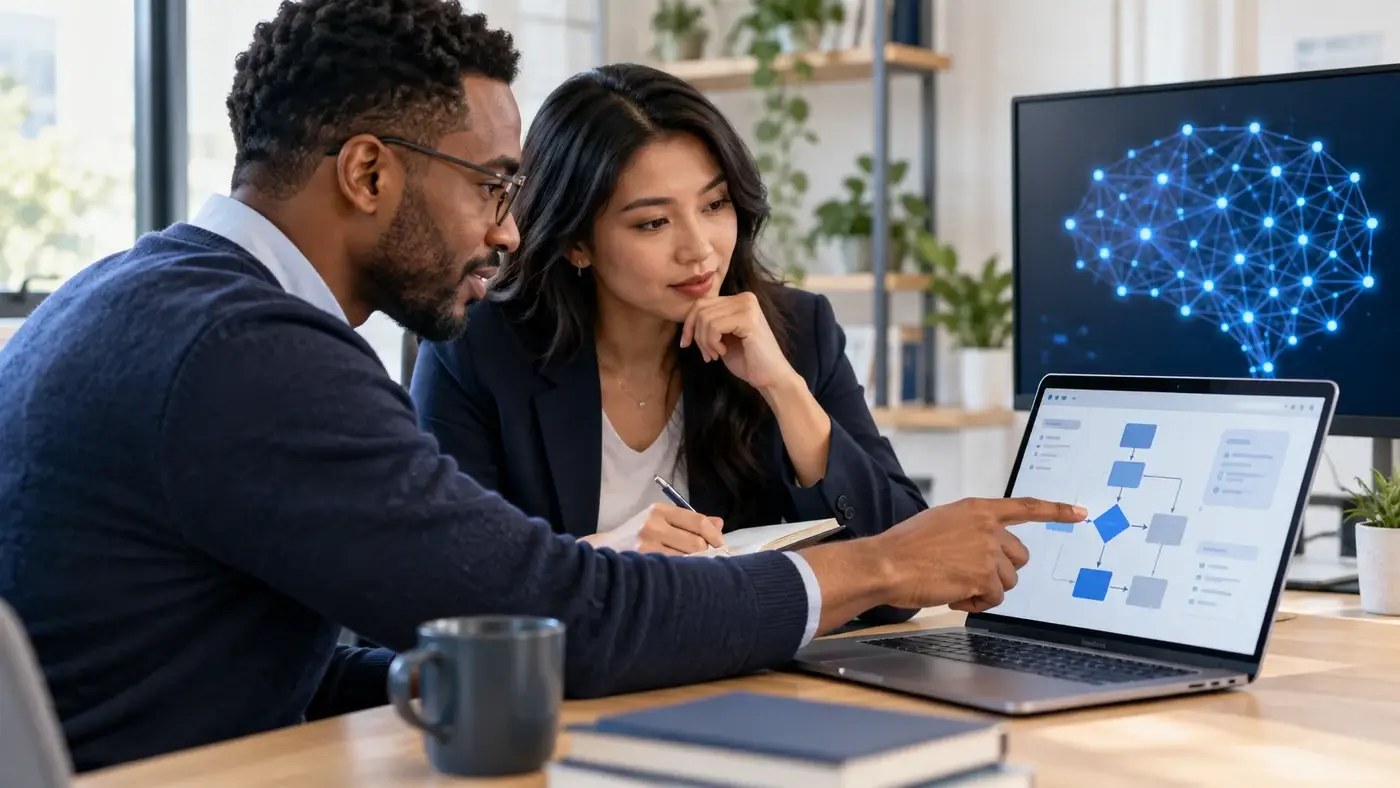 Conceptual illustration of two professionals reviewing an AI-assisted workflow