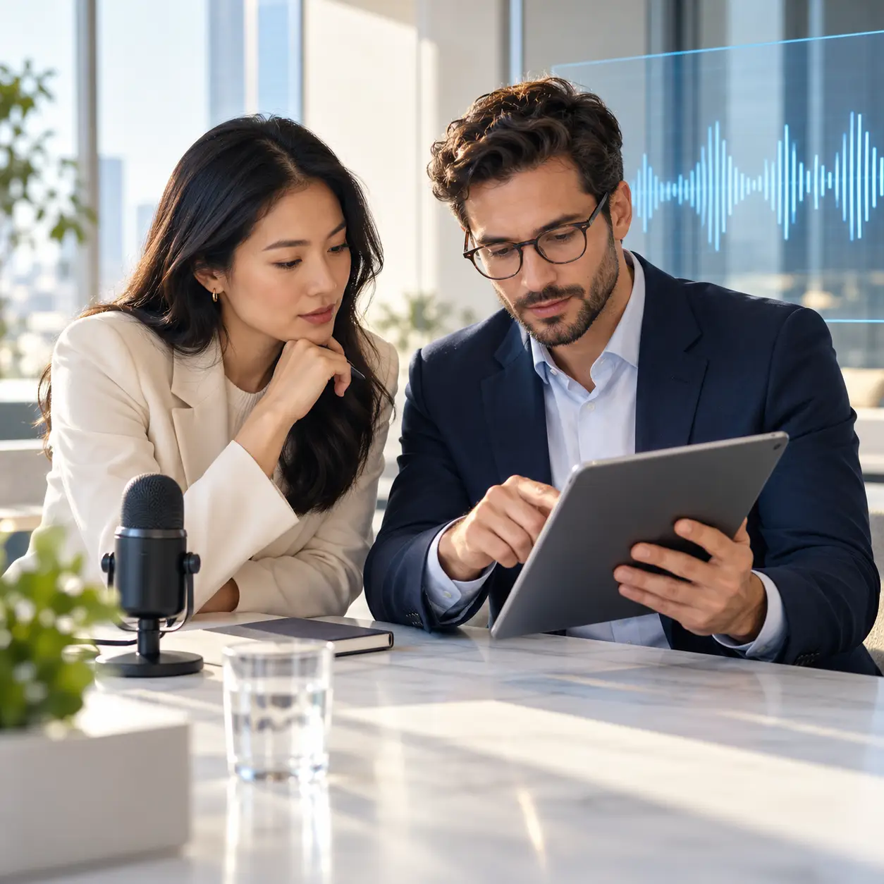 AI meeting transcription review with microphone and transcript in a bright office