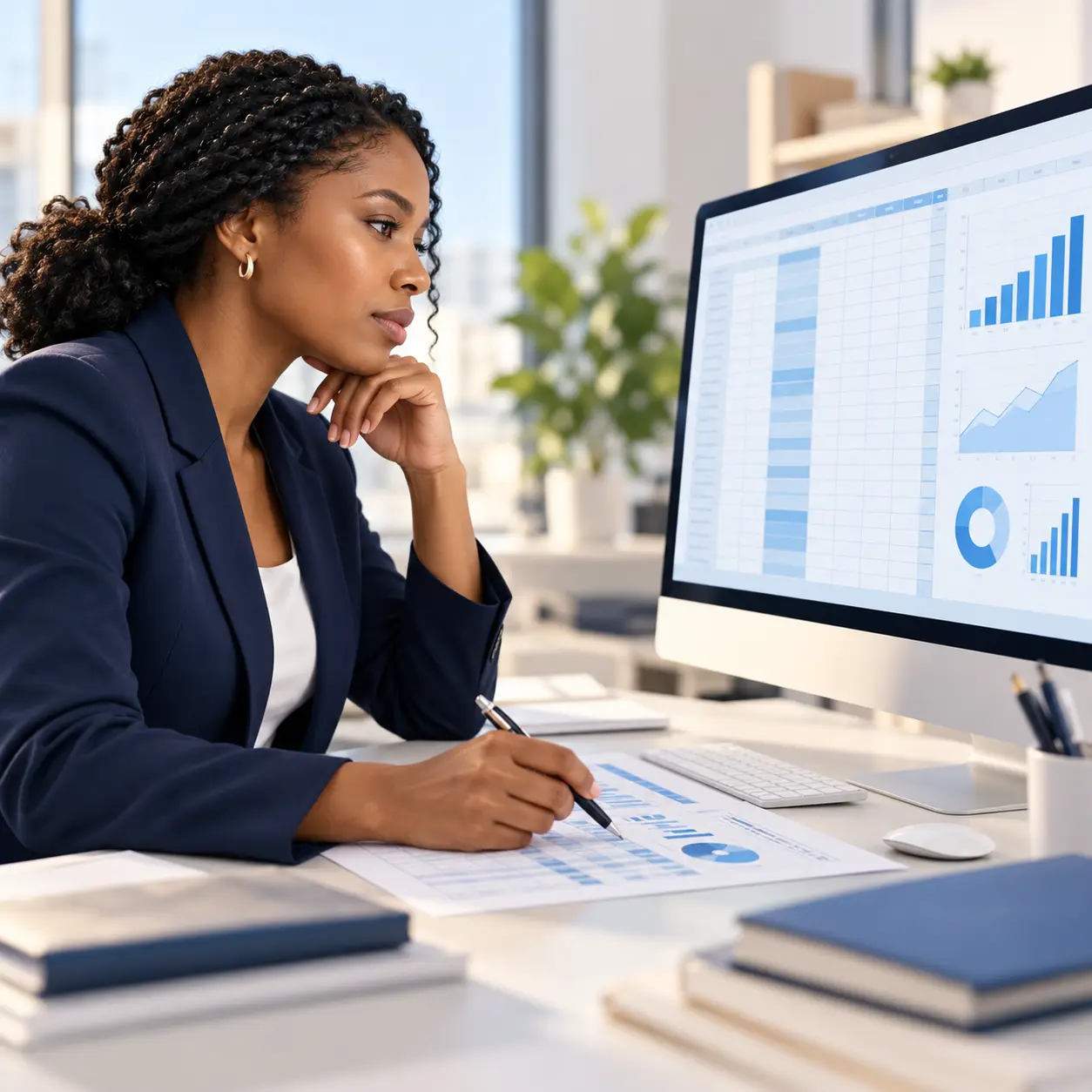 Conceptual illustration of an analyst checking AI-assisted spreadsheet results
