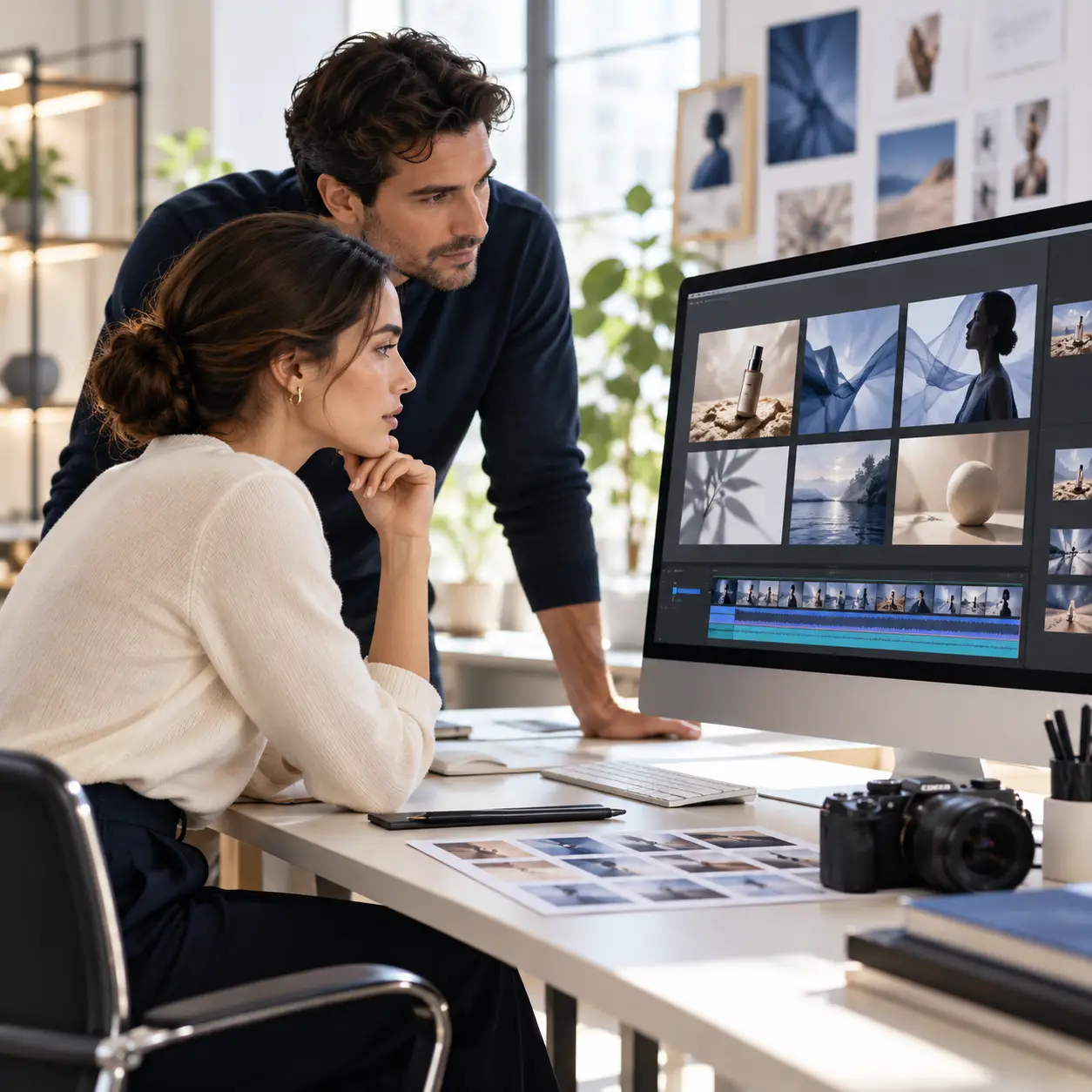 Conceptual illustration of a team reviewing AI-assisted digital campaign assets