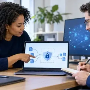 Two professionals review confidential information flows and access controls for an AI workflow.