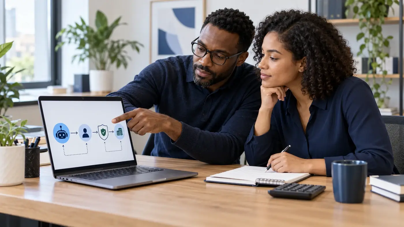Colleagues review human approval checkpoints and spending controls for an AI workflow.