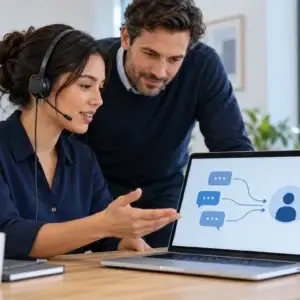 A customer service adviser and supervisor review an AI-to-human support handoff.