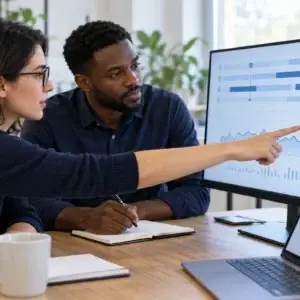 Analysts examine an AI workflow timeline and a highlighted warning sign.