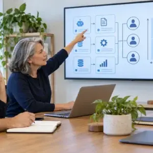 Business leaders review an AI use inventory, risk decisions and assigned responsibilities.