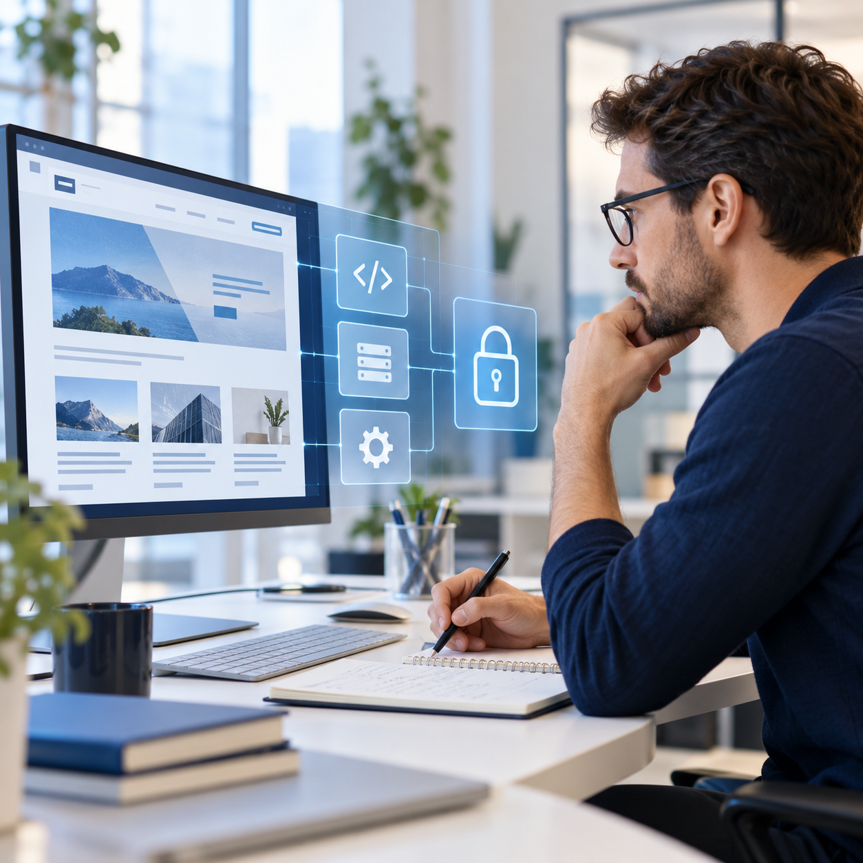 Conceptual illustration of a developer reviewing website security controls